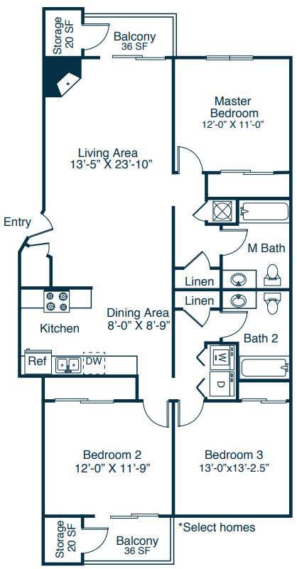 Floor plan for 3 beds, 2 baths, 1356 sqft